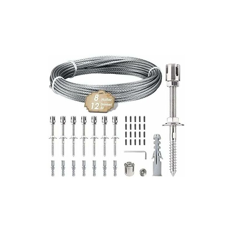 Ikodm - Support pour plantes grimpantes, kit de suspension de corde en acier inoxydable de 12 m avec câble en acier inoxydable de 3 mm et 8 tendeurs