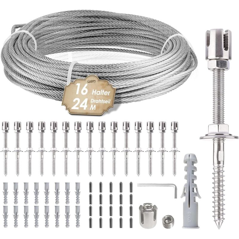 Support pour plantes grimpantes, kit de suspension en corde inox de 24 m avec câble inox de 3 mm et 16 tendeurs pour jardin/mur, béton/clôture,