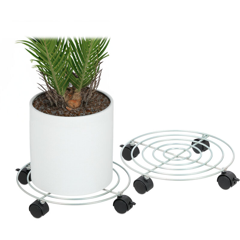Support pour plantes, lot de 2, diamètre : 32 cm, pour pots de fleurs, roues, acier, pour intérieur, argenté - Relaxdays
