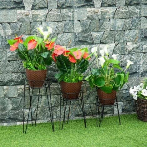 Support pour plantes métal lot de 3, tabouret noir, pour pots jusqu'à 16 cm de diamètre