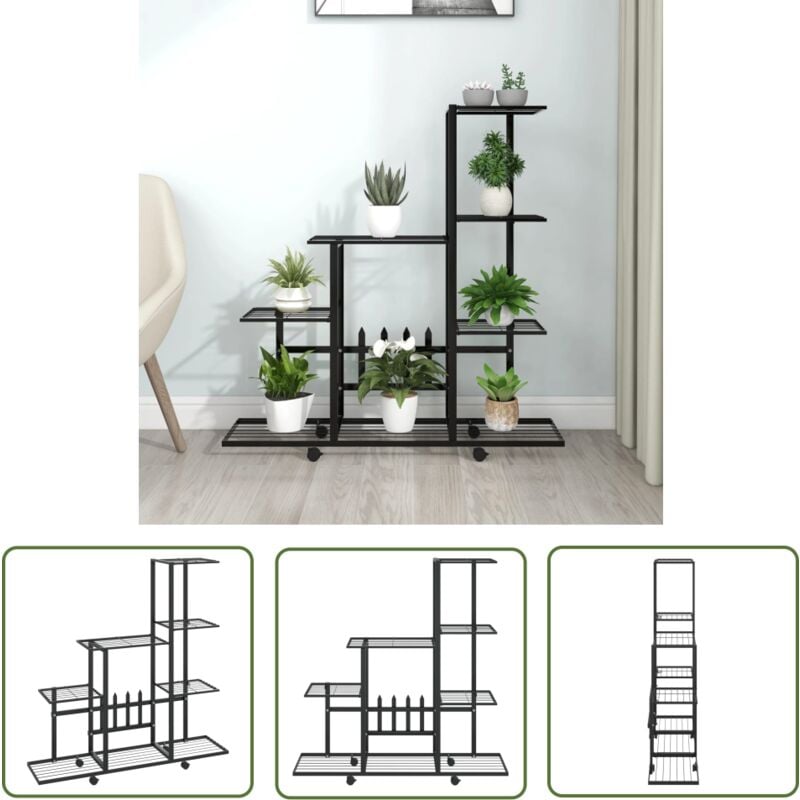 The Living Store Support pour plantes sur roues 94,5x25x92,5 cm Noir Métal - Support Plante - Jardinerie - Rangement Extérieur - Fleur Pot - Meuble