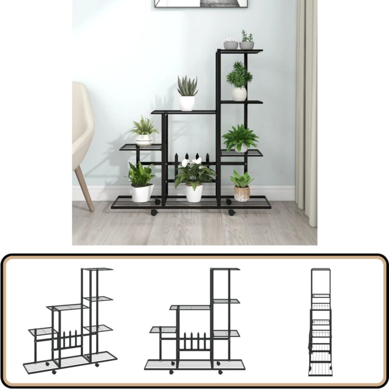 Support pour plantes sur roues 94,5x25x92,5 cm Noir Métal - Support Plante - Jardinerie - Rangement Extérieur - Fleur Pot - Meuble Jardin