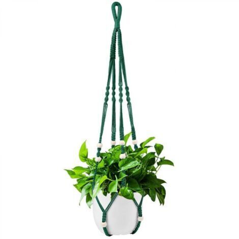 Support pour plantes suspendu - 98 cm - en corde de coton vert foncé avec perles décoratives en bois