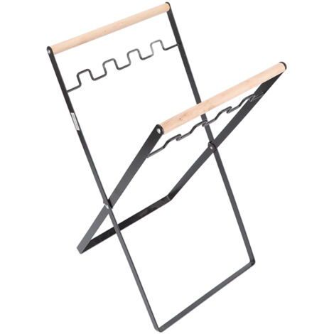 Support pour sacs poubelles avec poignée en caoutchouc et bois, support en fer au design plat, pliable et portable pour usage intérieur et extérieur, couleur noire