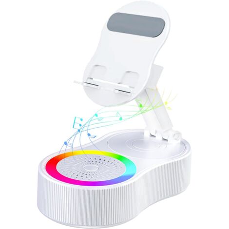 Support pour téléphone portable, version améliorée avec haut-parleur Bluetooth sans fil à induction, éclairage d'ambiance coloré, rechargeable en cas d'urgence, pliable à 360° Blanc