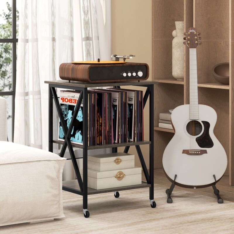 Support pour Tourne-disque Support pour Platine avec Station de Charge Intégrée Table d'Appoint en Métal avec Séparateur Gris