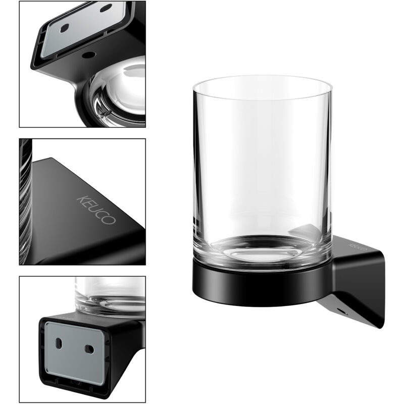 Support pour verre à dents KEUCO Rose à coller ou à percer, noir mat et cristal, porte-verre pour salle de bains, kit de collage inclus, porte-brosse