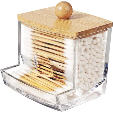 Support Qtip - Acrylique Transparent - Couvercle en Bambou - Organisation Salle de Bain - 1 Pièce