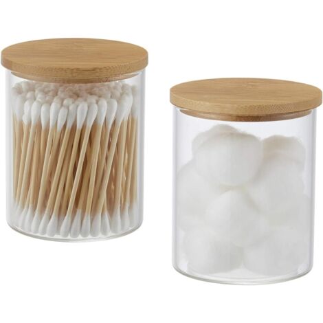 Support Qtip - Bocal En Verre Avec Couvercle En Bambou - Plateau De Salle De Bain En Bambou - Organisation De Comptoir - Lot De 2 Bocaux + 1 Plateau