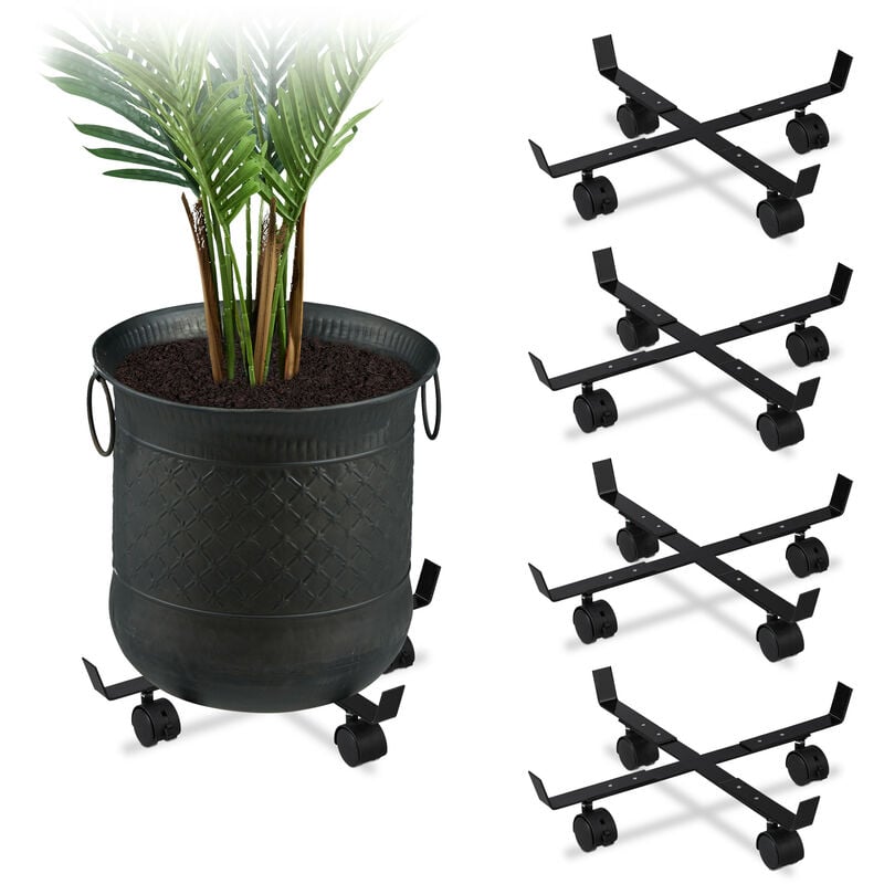 Support roulant plantes, lot de 5, intérieur et extérieur, plateau pots de fleurs jusqu'à 42 cm, métal, noir - Relaxdays