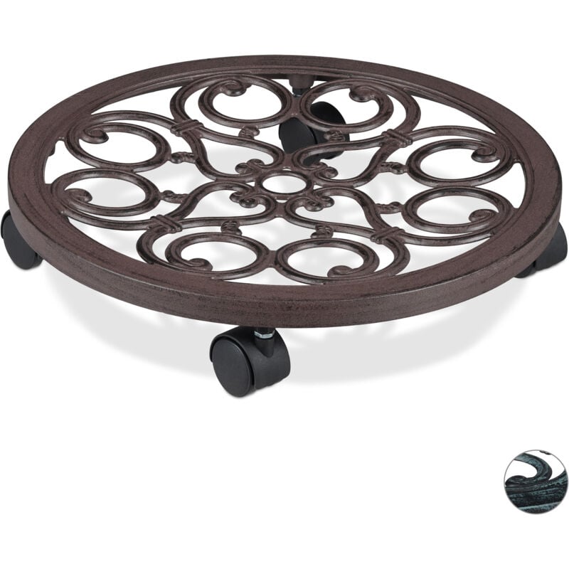 Support roulant plantes rond, lot de 2, en métal, plateau roulant pots à fleurs, aspect antique, brun