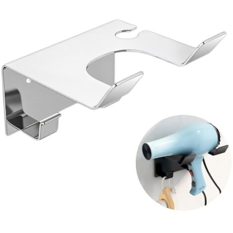 Support Seche Cheveux,Colle + vis double installation Support de Sèche-Cheveux en Acier Inoxydable sans Perçage Support Mural Universel pour Sèche Cheveux avec Support de Câble (Argent)