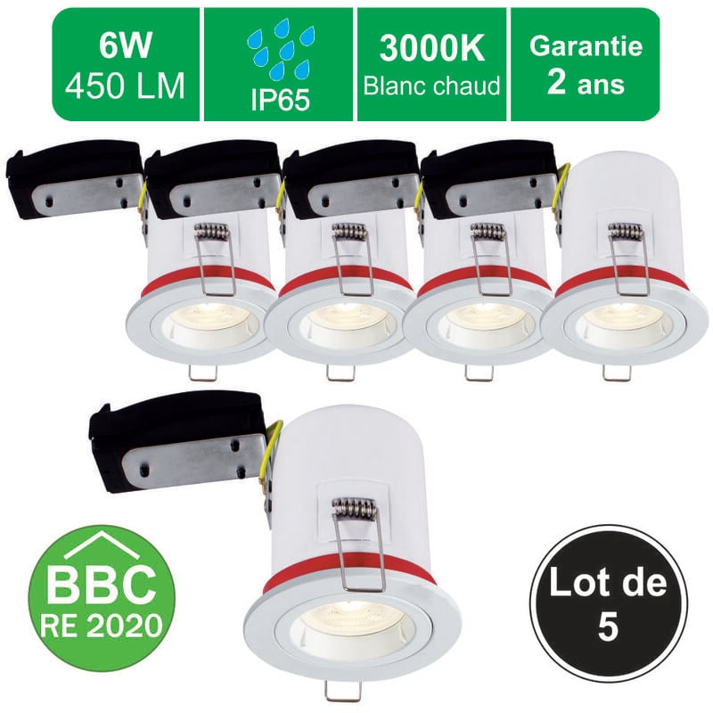 Lutece-arc - Lot de 5 supports spot bbc salle de bain IP65 + GU10 6W 450lm inclus - garantie 2 ans