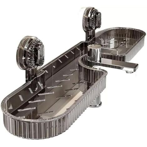 Support sur robinet gris avec ventouse, égouttoir et rangement accessoires évier