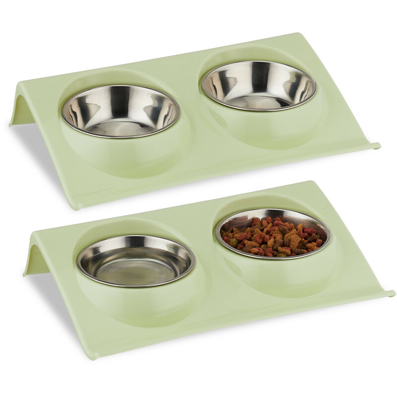 Relaxdays support surélevé double gamelle, lot de 2, bol pour chat, chien, HxLxP : 6,5 x 29 x 19 cm, vert/argenté