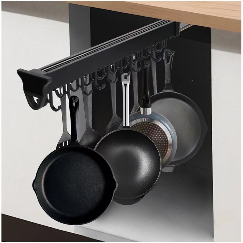 Support suspendu pour casseroles avec 10 crochets, 56 cm (22 po), coulissant, avec rail coulissant. Organisateur de casseroles et poêles réglable.