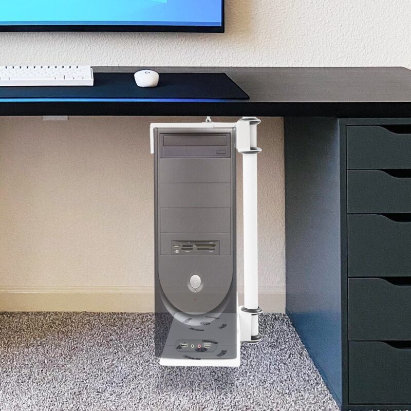 Support suspendu pour ordinateur, support sous le bureau, support réglable pour boîtier d'ordinateur, blanc et respirant.