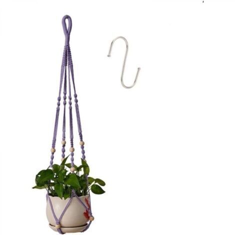 Support Suspension pour plantes d'intérieur en corde de coton violet, 85 cm avec perles en bois - 1 paire, décoration intérieure