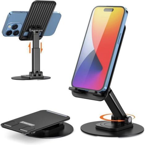 Support Téléphone Bureau Pliable 360° Rotatif Support Telephone en Métal Portable pour Samsung Huawei iPad Mini iPhone Noir