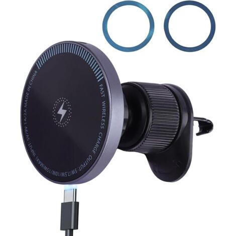 Support Téléphone Voiture, 15W Chargeur Induction Voiture Magnétique avec 18 Aimants N52, Fixation Grille Aération, Charge Rapide, Sécurité Maximale Compatible MagSafe iPhone 16/15/14/13/12