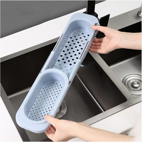 Support Télescopique De Vidange D'évier, Rangement Evier avec Porte-Serviettes, Support de Savon De Stockage Extensible éponge égouttoir Plateau d'évier pour Cuisine à Domicile (Bleu)