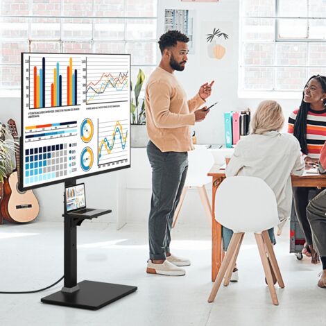 Support TV au Sol avec Prise Secteur Support Universel pour TV de 32-70 Pouces Jusqu'à 50kg Inclinable Réglable en Hauteur Noir