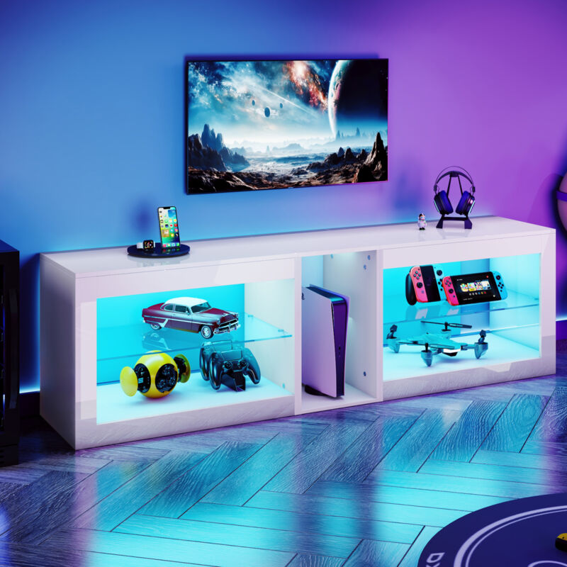 Redom - Support tv brillant et moderne, 140 x 35 x 46 cm, avec éclairage led et deux étagères en verre - Armoire tv pour le salon, blanc