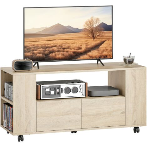 Support TV mobile 42" avec roulettes pivotantes et frein, étagères réglables et tiroirs, 102x34.5x48.5 cm, bois