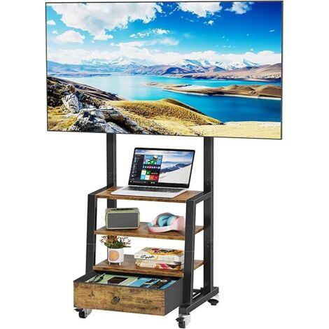 Support TV roulettes pour TV de 32 à 60 Pouces, Support TV sur Pied avec Tiroir Tissu et Rangement Etagère, Pied TV Mobile Hauteur Réglable, Max. Vesa 400x400 mm, Jusqu'à 40 KG, Brun Vintage