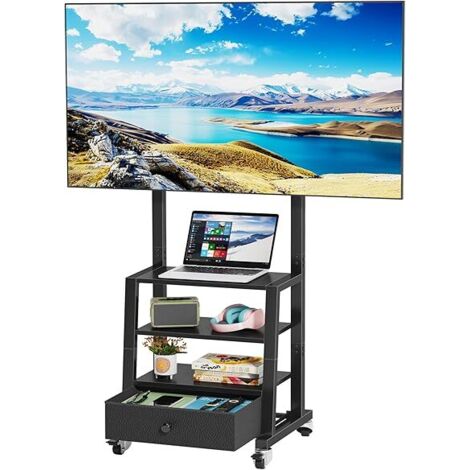 Support TV roulettes pour TV de 32 à 60 Pouces, Support TV sur Pied avec Tiroir Tissu et Rangement Etagère, Pied TV Mobile Hauteur Réglable, Max. Vesa 400x400 mm, Jusqu'à 40 KG, Noir