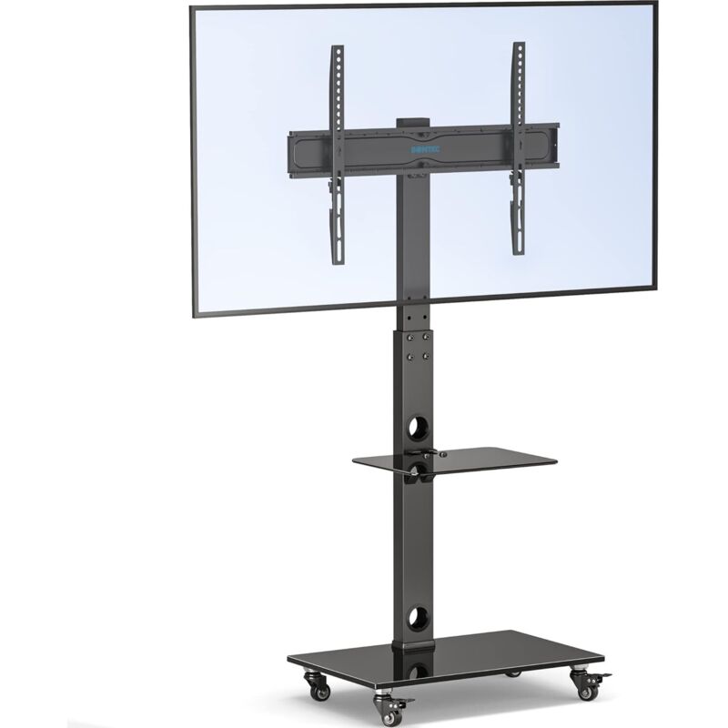 Support TV roulettes Support Tele Mobile pour Téléviseurs Plasma/LCD/LED de 30 à 70 Pouces jusqu'à 40 kg, 6 réglages de Hauteur avec étagères en