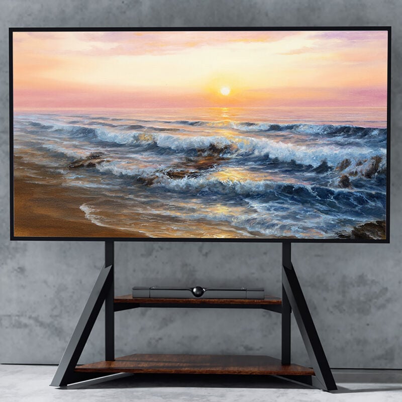 Support tv sur Pied de 40 à 75 Pouces Meuble tv Pied Universel avec 2 Étagères en Bois Hauteur Réglable pour Télé Écran led oled lcf Charge 80kg