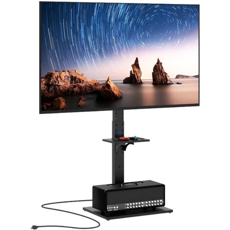 Support TV sur Pied avec Prise, Pied TV Universel pour 32-70 Pouces Jusqu'à 50 Kg, Angle Inclinable, Hauteur Réglable, VESA Max. 600 x 400 mm, Noir