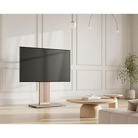 Support TV sur Pied pour Ecran de 55 à 88 Pouces Hauteur Réglable Meuble TV en Bois Massif Pivotant Charge Max 60kg Angle Adjustable ±30° Série Zen