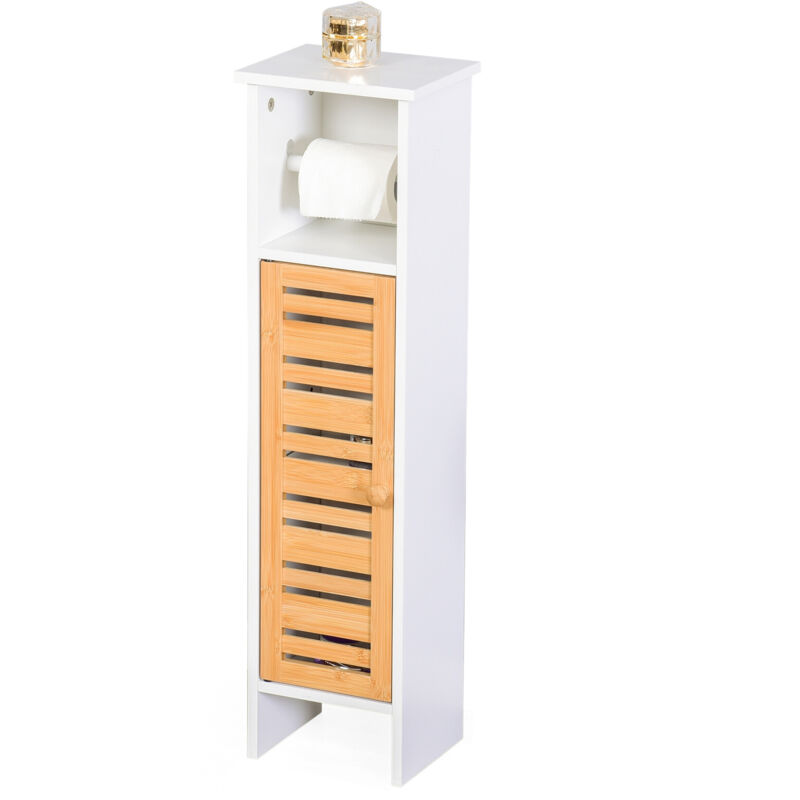 Relaxdays support WC sur pied, porte-rouleau + 3 étagères, 78×21×17 cm, MDF/bambou, blanc/nature