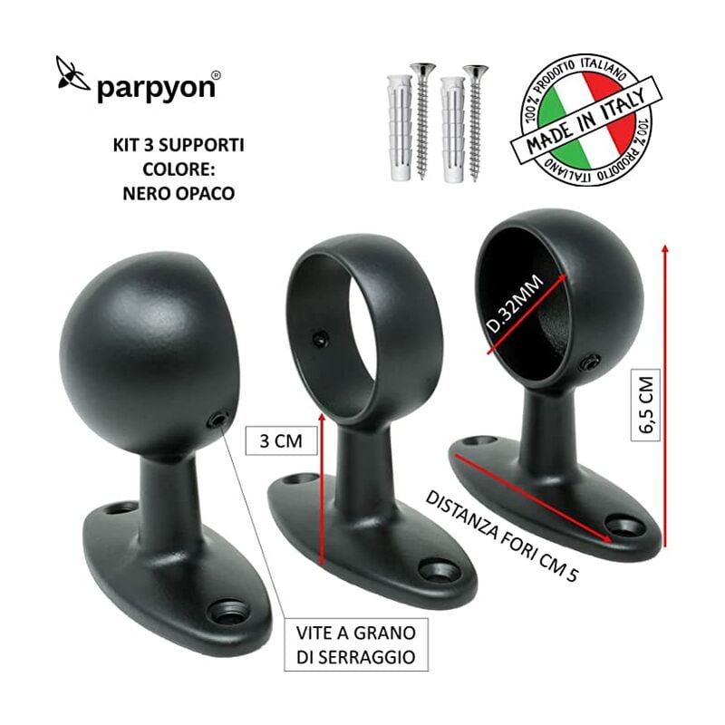 Image of Parpyon - Supporti per corrimano a muro Staffe per tubo Mod. 519-3 Nero