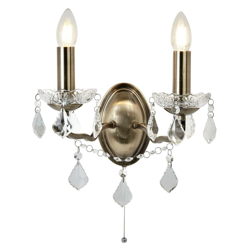 Image of Paris - Lampada da parete a candela per interni a 2 luci in ottone antico, trasparente con cristallo, E14 - Searchlight