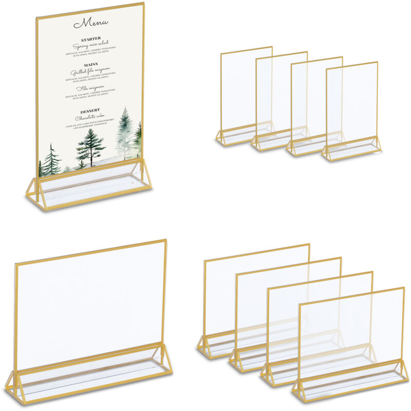 Image of Portamenu da Tavolo, A5, Set 10 Supporti Segnaposto Acrilico, Porta Menù Matrimonio, Battesimo,Trasparente Oro - Relaxdays