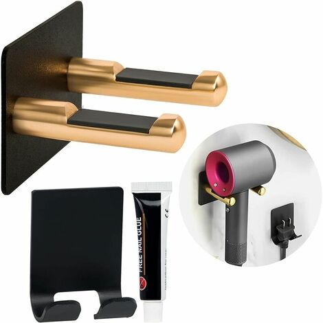 Supporto per asciugacapelli per Dyson, supporto da parete universale, supporto da parete per bagno in acciaio inossidabile per Dyson, asciugacapelli supersonico con nastro adesivo nero e oro 596,8 cm