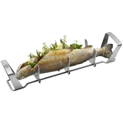 SUPPORTO PER CUOCERE UN PESCE INTERO IN FORNO O BARBECUE IN ACCIAIO INOX "GEFU	SUPPORTO IN ACCIAIO INOXPER CUOCERE UN PESCE INTERO PER BARBECUE E FORNO UTILISSIMO ACCESSORIO CHE VI PERMETTERA' DICUOCERE UN PESCE INTERO ANCHE APERTO ECON ALL'INTERNO CONDIMENTI VARI SENZA CHE POSSANO FUORIUSCIRE DURANTE LA COTTURA.UTILIZZABILE SIA IN FORNO CHE SUL BARBECUE.DOTATO DI 3 APPOGGI SCORREVOLI, PER POSIZIONAREIN MODO OTTIMALE PESCI FINO A 40 CM DI LUNGHEZZA.ADATTO PER ORATA, TROTA, SALMERINO, SGOMBRO,BRANZINO ECC...REALIZZATO INTERAMENTE IN ACCIAIO INOSSIDABILELAVABILE IN LAVASTOVIGLIE.DIMENSIONI:LUNGHEZZA 365 mmALTEZZA 75 mmLARGHEZZA 76 mm
