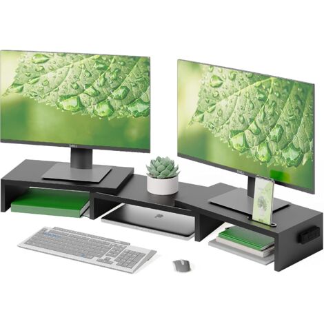 Supporto per doppio monitor, supporto per monitor PC desktop, organizer da scrivania in legno, lunghezza e angolazione regolabili per monitor portatile e monitor PC, nero