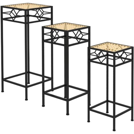 Supporto per fiori, set da 3 pezzi, rotondo, impilabile, effetto rattan, gambe in metallo, per uso interno ed esterno, nero/oro