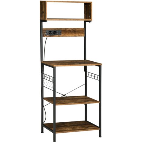 Supporto per microonde da cucina 60×42×153 cm con prese, USB, ripiano regolabile e 5 ganci