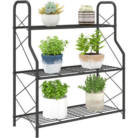 Supporto per piante a 3 livelli, alto 78 cm, con maniglie, in metallo nero.