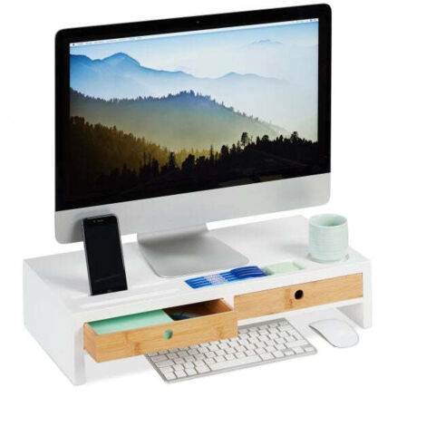 Supporto Monitor Con 3 Cassetti - Organizzatore Da Scrivania In MDF, Con Supporto Telefono, Per Laptop E Computer - Foto 3