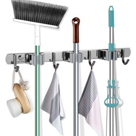 Supporto per spazzole e scope con 3 posizioni e 4 ganci per bagno, cucina e ufficio (grigio)