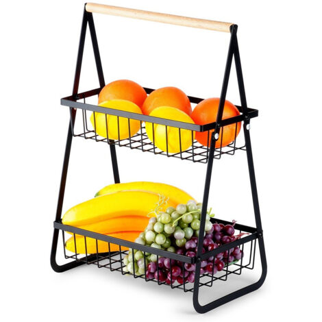 Supporto per vassoio in metallo nero a due livelli con cesto per frutta e verdura