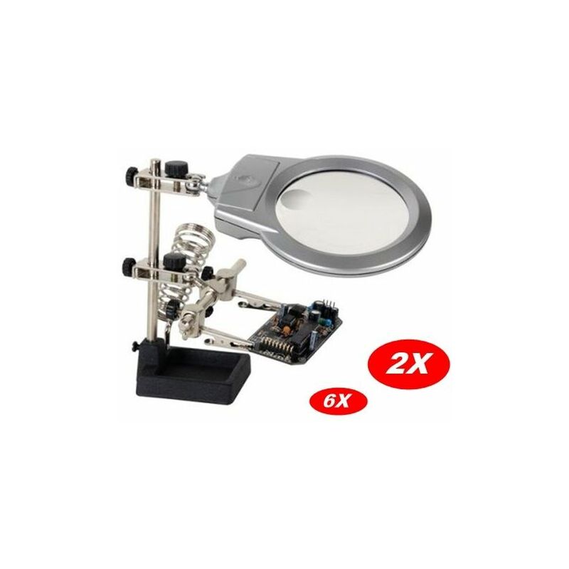 Image of Supporto terza mano con lente d'ingrandimento luce due led e supporto saldatore
