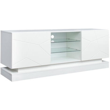 Supporto TV bianco lucido - Lunghezza 5 piedi, ripiano in vetro regolabile, spazio di 70 pollici, spazio elegante con cerniere silenziose