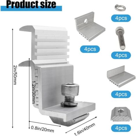 Supports de Panneau Solaire Lot de 4, Panneau Z, Fixation Panneau Solaire pour Panneau Solaire, Support de Panneau Solaire Hauteur du Module 30–50 mm (Borne d'extrémité)